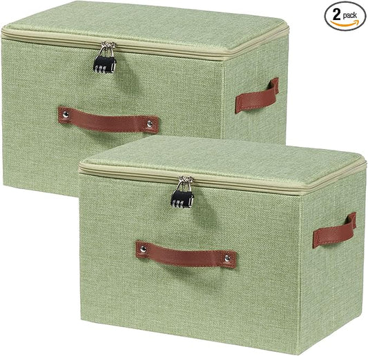 2PCS Storage Bins Box with Zipper Lid Combination Lock PU Leather Handles Cotton Linen Fabric Lidded Lockable Basket Foldable Washable Closet Shelf Organizer Container (Light Green, Large)