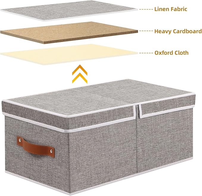 3-Pack Storage Boxes, Foldable Blanket Basket with Detachable Lid, Linen Closet 0rganizers with Double Handles, Collapsible Cubes for Organizing, Grey, 18.5 x 11 x 7.9 in-NeatNest