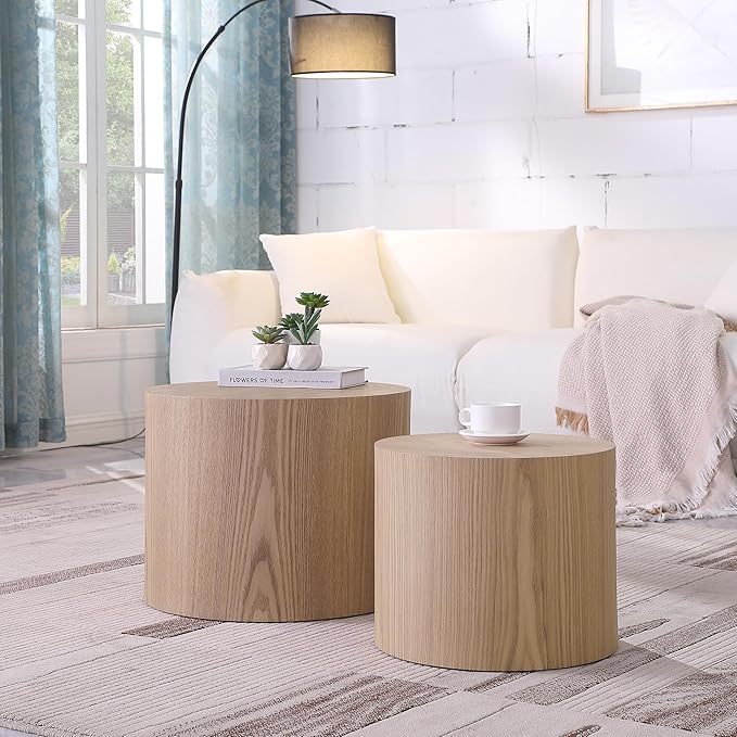 kevinplus Wood Side Table Round Small Coffee Tables Nesting End Table Set of 2 for Living Room Bedroom Office, No Assembling (Oak/Walnut - Round)