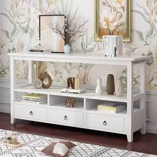 Karl home Console Table with 3 Bottom Drawers, 57.9" W Sofa Side Table Entryway Desk with 3 Storage Cubbies 1 Open Shelf, Vintage TV Stand for Hallway Living Room Office, White 29.9" H-NeatNest