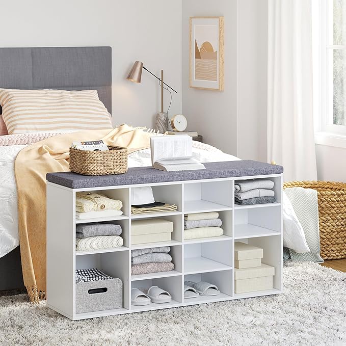 DINZI LVJ Shoe Storage Bench with Cushion, 16-Cubby Shoe Rack, Adjustable Shelves, Multifunctional Shoe Organizer Bench for Entryway, Mudroom, Hallway, Living Room, Bedroom and Garage, White-NeatNest