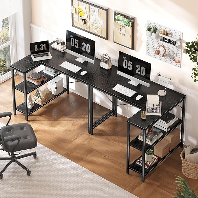 Huuger L Shaped Desk, 39 Inches Computer Desk with Reversible Storage Shelves, Gaming Desk, for Corner Home Office Writing Study, Metal Frame, Black-NeatNest