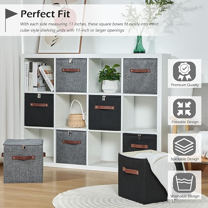 2PCS Storage Cubes with Lid Fabric Storage Bins Boxes PU Leather Handles Cotton Linen Closet Organizer Container Decorative Foldable Washable Shelf Cloth Basket (Zipper Lid, Black, 11in)-NeatNest