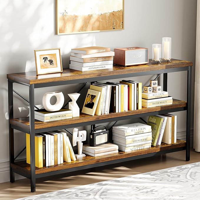 3-Tier Console Table, 55.1" Entryway Table with Metal Frame and Open Shelves, Modern Behind Couch Sofa Table for Living Room, Hallway, Foyer, Entrance, Industrial, Bookshelf, Rustic Brown-NeatNest