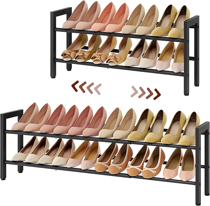 FAVOOSTY 2-Tier Expandable Shoe Rack, Adjustable Shoe Shelf Storage Organizer Space Saving Metal Free Standing Shoe Rack for Entryway Closet Doorway, Black-NeatNest