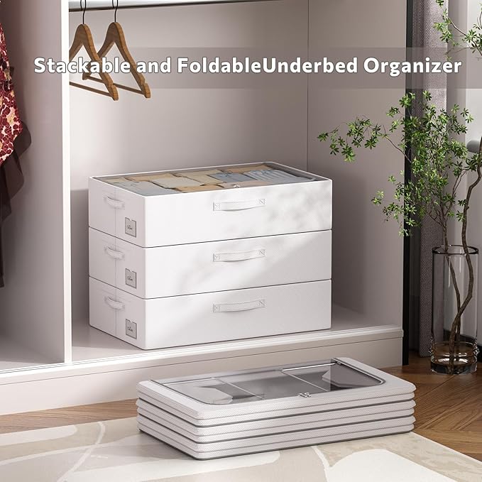 3Pcs Under Bed Storage Bins with Metal Frame - Shoe Organizer for Closet with Clear Cover Oxford Fabric Sturdy Underbed Container Foldable Stackable Clothes Organizer (Grey, 23.5x15.7x6.3)-NeatNest