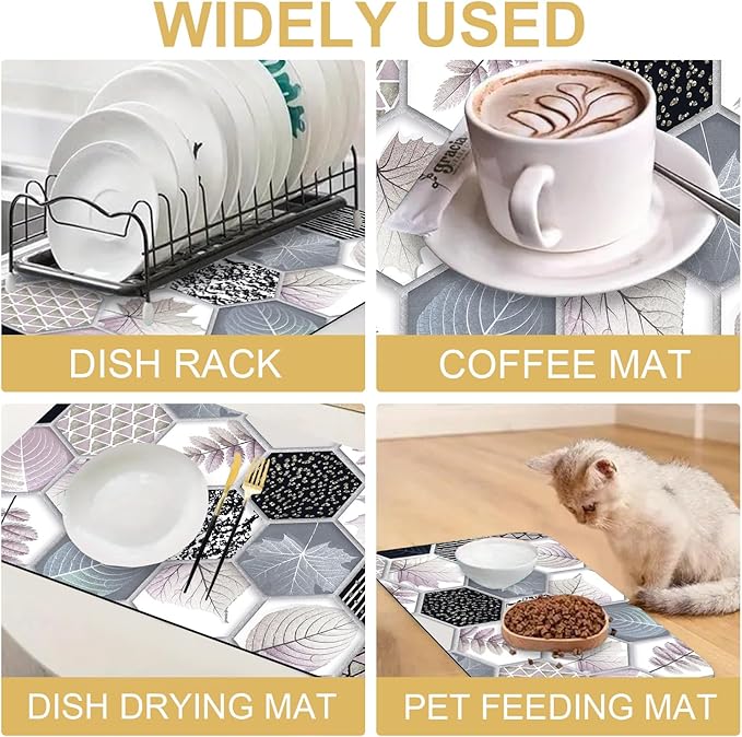 Hexagonal Printed Marble Dish Drying Mats Super Absorbent Dish Drainer Rack Pad Non-Slip Drying Mat for Kitchen Counter, 20"x12"