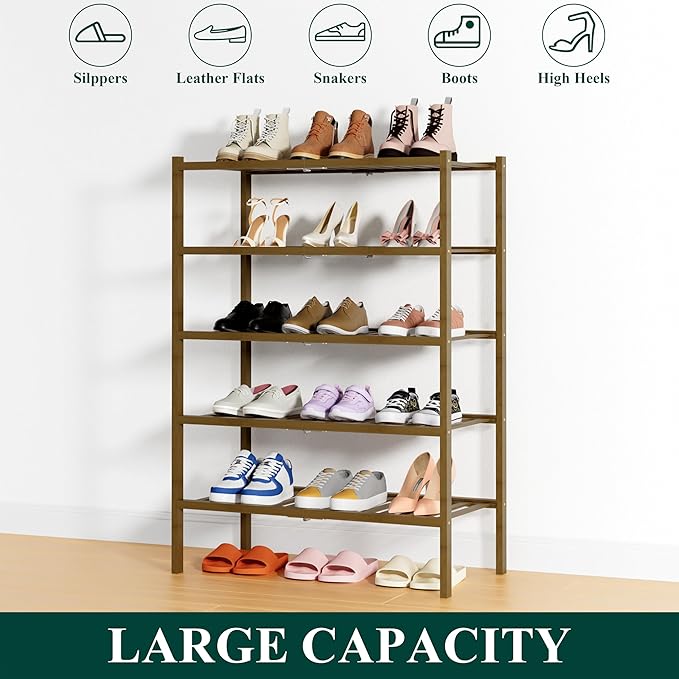 Smiry Shoe Rack, 5 Tier Thick Bamboo Shoe Organizer, Stackable Free Standing Wooden Shoe Storage Shelf for Closet, Entryway, Front Door Entrance, Walnut-NeatNest