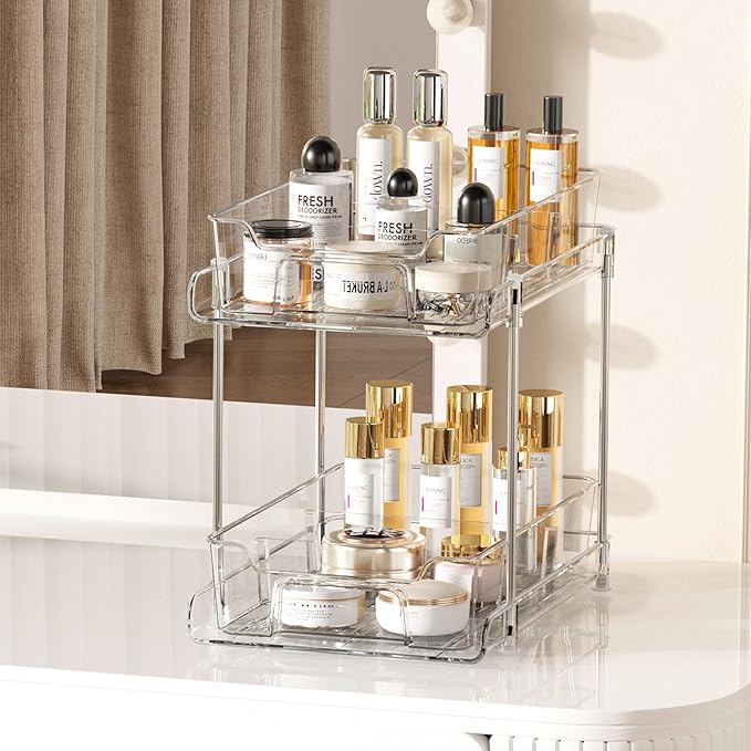 Vtopmart 4 Pack 2 Tier Bathroom Under Sink Organizers and Storage, Clear Kitchen Pantry Organization, Pull Out Medicine Cabinet Organizer with Movable Dividers-NeatNest
