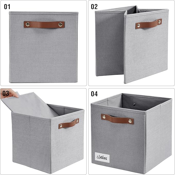 Collapsible Fabric Storage Cube Bins with 2 Reinforced PU Handles, Foldable Storage Organizer Baskets for Closet, Shelves, Living Room | 11"x11"x11", 4 Pack, Full Gray-NeatNest