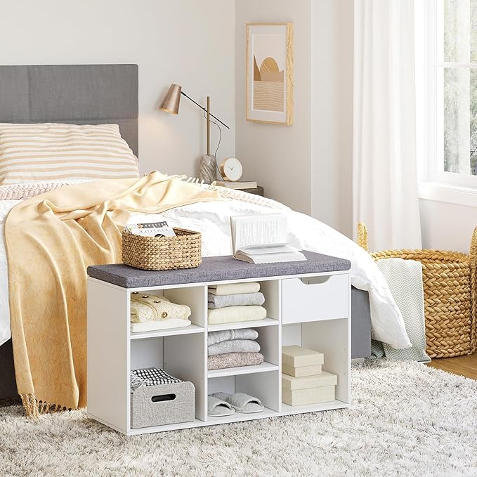 DINZI LVJ Shoe Bench,Entryway Storage Bench with Drawer and 8 Cubbies,Cubby Rack Adjustable Shelves,Shoe Organizer Cabinet for Living Room,Bedroom,Mudroom,Closet Garage,White-NeatNest