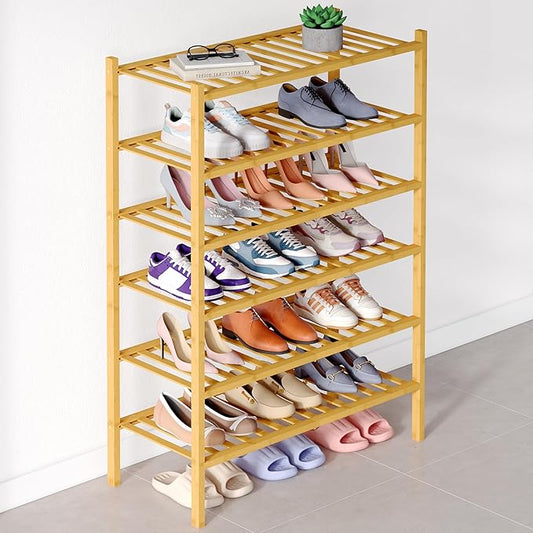 Smiry Bamboo Shoe Rack for Closet, 6 Tier Wooden Stackable Shoe Organizer, Free Standing Shoes Storage Shelf for Entryway, Front Door Entrance, Natural-NeatNest