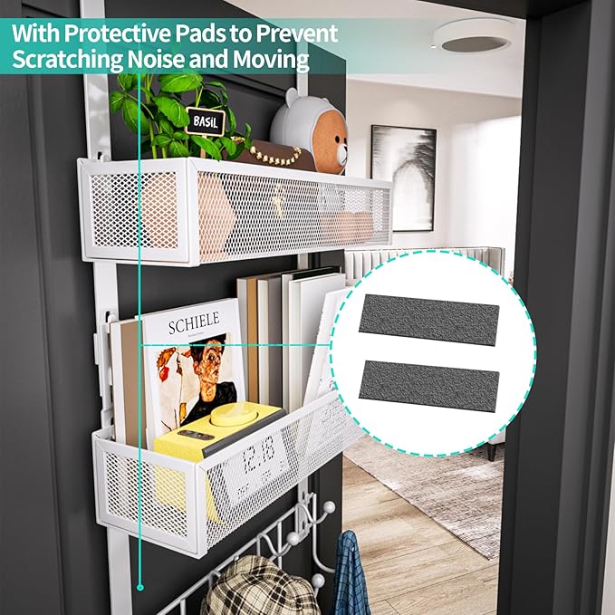HapiRm Over The Door Organizer with Coat Hooks and 2 Baskets, Stainless Steel Rustproof Over The Door Hanger Hooks for Bathroom, Kitchen, Bedroom-White (for 1.76in Doors)