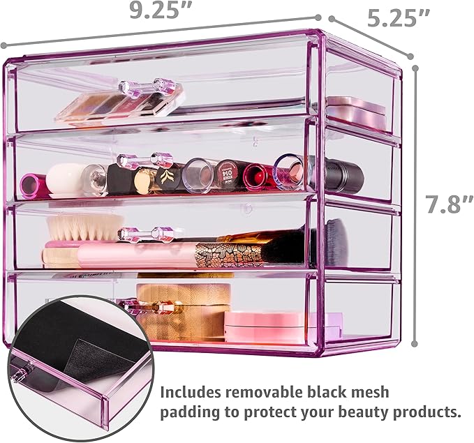 Sorbus Makeup Organizer - 4 Drawer Acrylic Make Up Organizers and Storage for Cosmetics, Jewelry, Beauty Supplies, Clear Makeup Organizer for Vanity, Girl's Room, College Dorm, Counter, Bathroom Sink