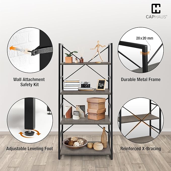 CAPHAUS 4 Tier Bookshelf, 24 Inch Width Free Standing Shelf, Bookcase Shelf Storage Organizer, Industrial Book Shelves for Home Office, Living Room, Kitchen, Dark Grey Vintage Shelves & Metal Frame-NeatNest