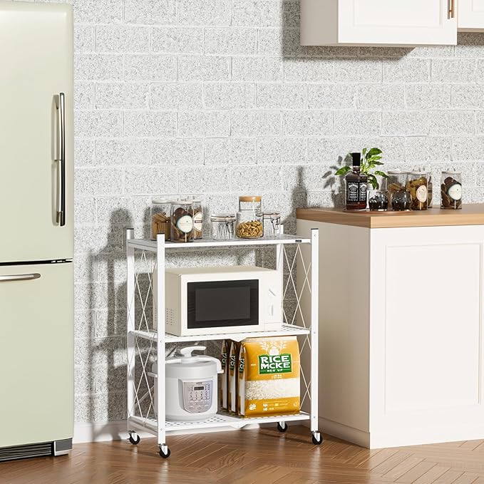 ALANNG Storage Shelves with Wheels, Bookshelf with Storage, No Assembly Metal Rack Cart for Kitchen, Office, Laundry, Garage (3 Tier, White)