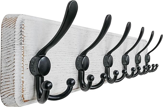 Dseap Coat Rack Wall Mounted - 24" Long 6 Tri Hooks, Heavy Duty Wooden Wall Coat Hanger Coat Hook for Clothes Hat Jacket Clothing, White and Black