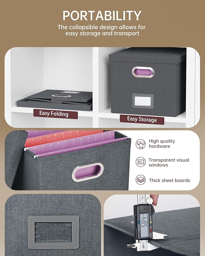 2 Pack File Storage Organizer, Filing Box, Portable File Box with Lid, Fit for Letter/Legal File Folder Storage, Document Organizer, Dark-gray