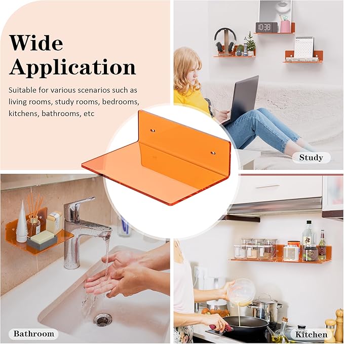 9 Inch Orange Wall Shelves, Acrylic Wall Mounting Ledges Display, Acrylic Display Wall Shelf for Funko Pop Figures, Collectibles, Plants, Décor, Toiletries, Spices, 2 Pack-NeatNest