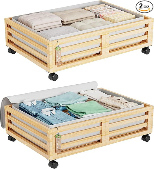 Bamboo Under Bed Storage Containers- Underbed Organizer with Wheels with Large Dust Bag,Sturdy Wood Rolling Under the Bed Shoe Storage Organizer Drawer 2 Packs (Nature, Small)-NeatNest