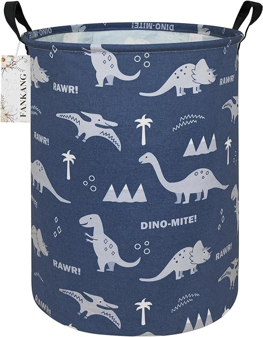 FANKANG Storage Basket, Nursery Hamper Canvas Laundry Basket Foldable with Waterproof PE Coating Large Storage Baskets for Kids Boys and Girls, Office, Bedroom, Clothes,Toys(Blue dinosaur)