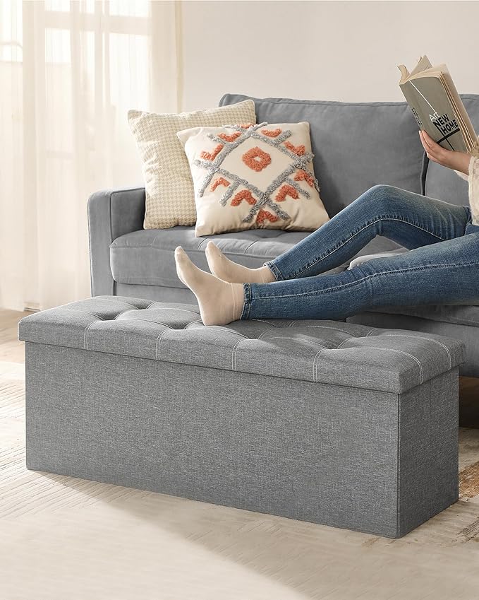 SONGMICS MAZIE Collection - 43 Inches Ottoman Storage Bench, 35 Gal. Folding Chest with Breathable Linen-Look Fabric, Load up to 660 lb, for Entryway, Living Room, Bedroom, Light Gray ULSF077G05-NeatNest