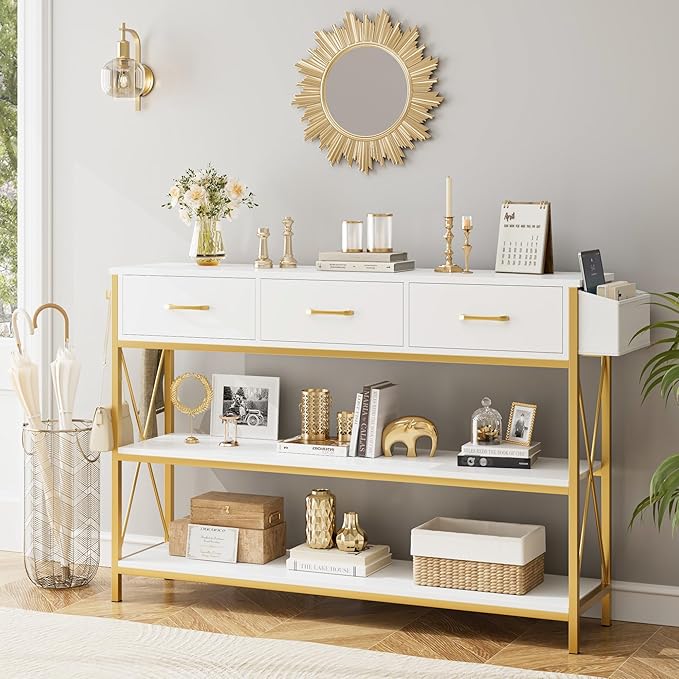 HITHOS 47.2" Console Table with 3 Drawers, Narrow Long Entryway Table with 3-Tier Storage Shelves, Industrial Sofa Foyer Table for Living Room, Hallway, Entry Way, Foyer, Kitchen, White/Gold-NeatNest
