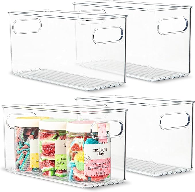 Clear Plastic 4 Pack Storage Container Bin with Integrated Easy Grip Handles. For Kitchen, Fridge, Freezer, Cabinet, Pantry, Bathroom Organization. 10"x4"x5"-NeatNest