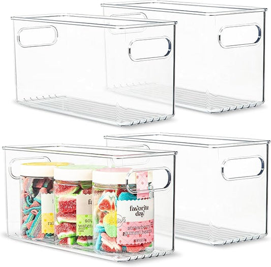 Clear Plastic 4 Pack Storage Container Bin with Integrated Easy Grip Handles. For Kitchen, Fridge, Freezer, Cabinet, Pantry, Bathroom Organization. 10"x4"x5"-NeatNest