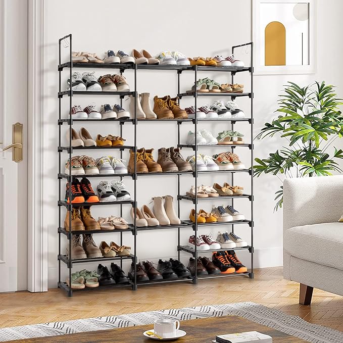 9-Tier Tall Shoe Rack - Free Standing Shoe Shelf Organizer - Large Metal Closet Organizer with Hooks - Stackable Stand for Bedroom Entryway - Holds Up to 55 Pairs of Shoes-Black-NeatNest