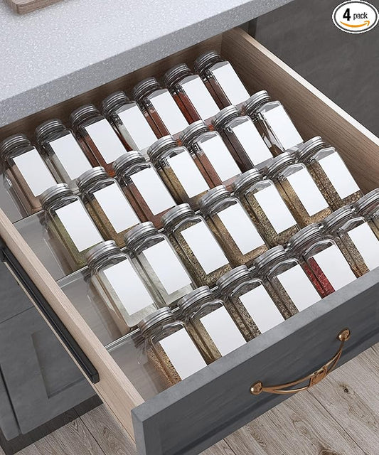 Antimbee Spice Drawer Organizer, 4 Tier- 4 Pack Acrylic Spice Rack Tray for Drawer, Expandable From 13" to 26" Kitchen Spice Rack Tray for Countertop Holds up 28 Spice Jars (Jars not Include)-NeatNest