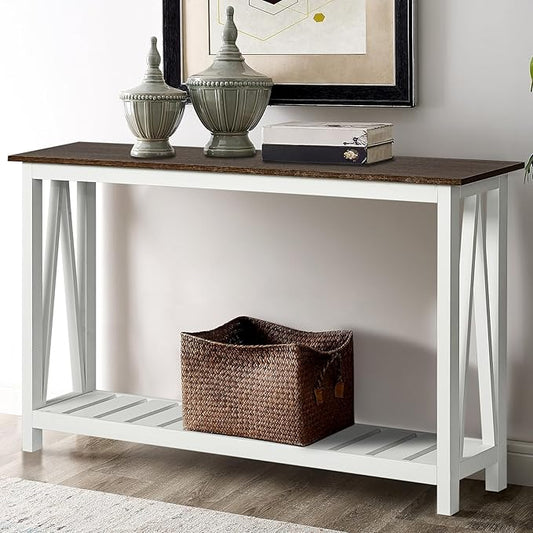 ChooChoo Farmhouse Console Table, Rustic Vintage Narrow Sofa Table for Entryway, Living Room, Hallway, 47 White-NeatNest