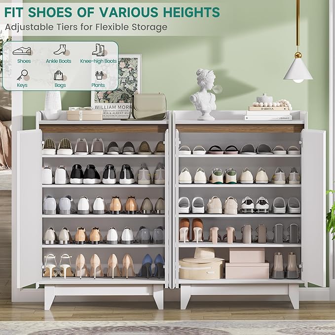 White Fluted Shoe Cabinet, 5-Tier Shoe Storage Cabinet with Adjustable Shelves, 43.7”H Tall Shoe Cabinet Storage for Entryway Hallway Living Room, Shoe Rack Organizer White & Walnut Wave Fluted Design-NeatNest