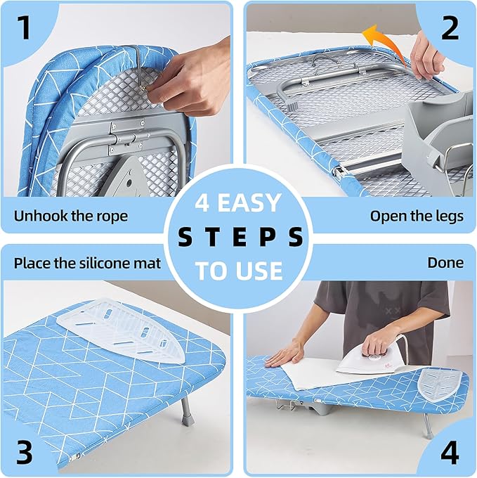 Foldable Ironing Board, 13"x35" Folding Tabletop Small Ironing Board with Iron Holder and Wall Mount Space-Saving, Blue