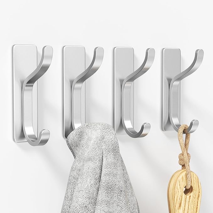 pickpiff Wall Hooks for Coat and Towel: 13LB Adhesive Door Hanger Stick on for Bathroom, Dorm, RV, Closet - Silver, 4 Pack