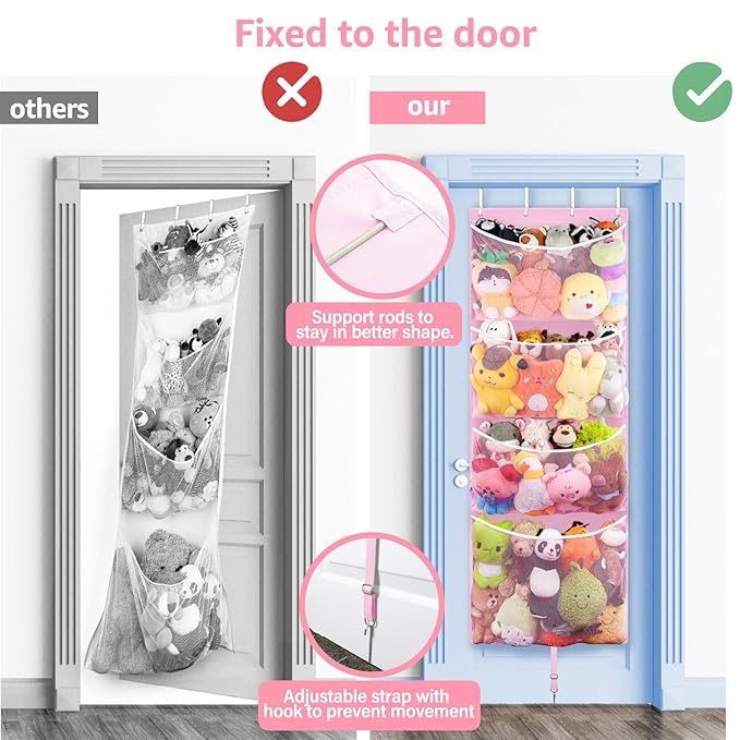 Hanging Stuffed Animal Storage, Over Door Large Plush Toy Organizer with Metal Hook, Baby Accessory Holder Idea for Nursery, Doll & Bear Mesh Hammock Bag for Girl Boy Kid Room-NeatNest