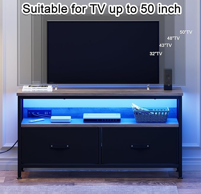 39" Dresser TV Stand for TVs up to 50", Media Console with LED Lights, Charging Station & 2 Drawer Storage Chest, Gaming Entertainment Center with Storage for Bedroom (Grey, 39 in)-NeatNest