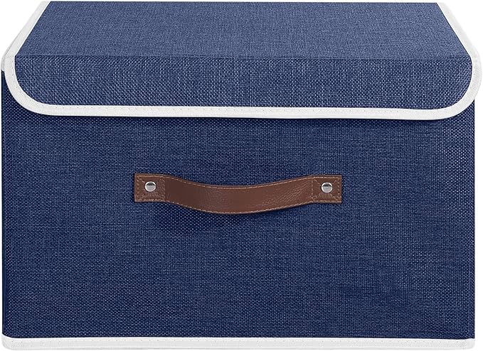 ANMINY Storage Bin with Lid Storage Boxes with PU Leather Handles PP Plastic Board Decorative Foldable Lidded Cotton Linen Fabric Home Cubes Baskets Closet Organizer Container - Blue, Large Size-NeatNest