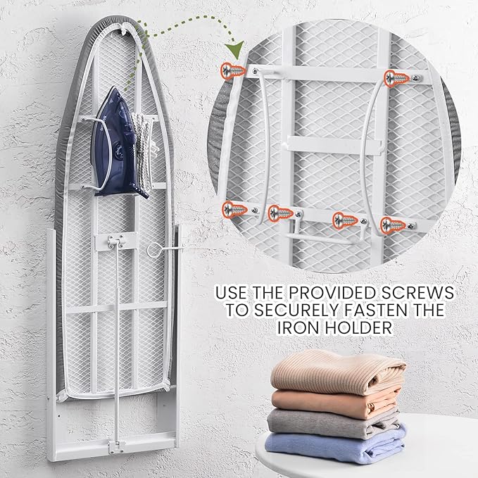 Xabitat Wall Mounted Ironing Board with Iron Holder, 36.2" X 12.2" Compact Mount Fold Down Iron Board for Small Spaces, Space Saving with Cotton Fabric Cover, White and Grey