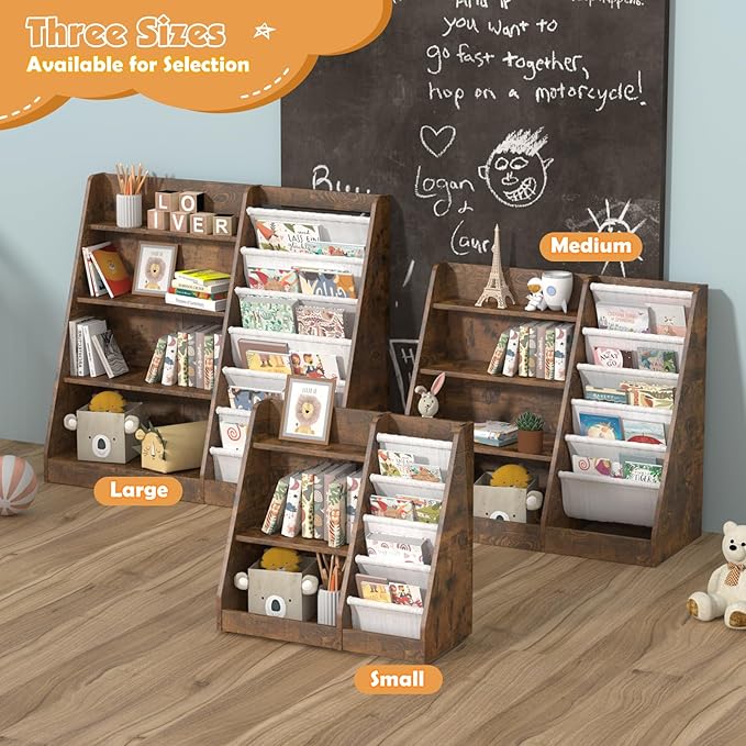 3 Tier Kid Bookshelf Wooden 4 Sling Children Bookcase Adjustable Toddler Book Rack Display Toy Storage Organizer Book Display Shelf Stand Classroom Bedroom Nursery Playroom,25 inch(Rustic)