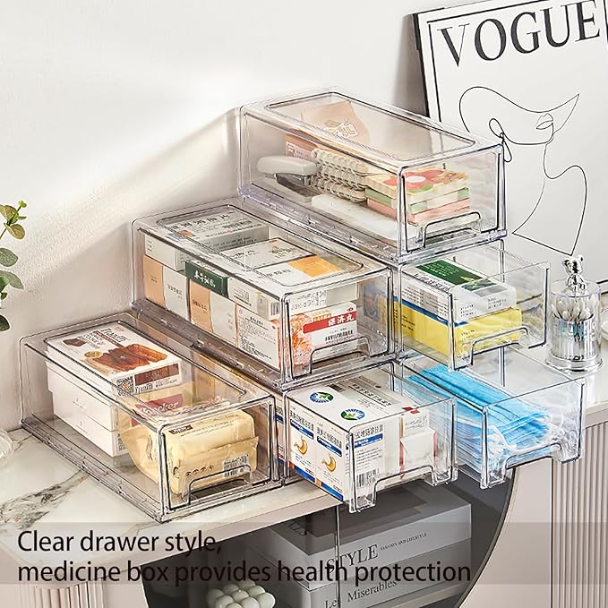 2 Pack - Clear Pulling Medicine Drawer First Aid Kit Box for Bathroom, Cabinet, Closet,Medicine Organizer, Medicine Storage Box Adhesive Bandages Family Emergency Kit (L drawer)-NeatNest