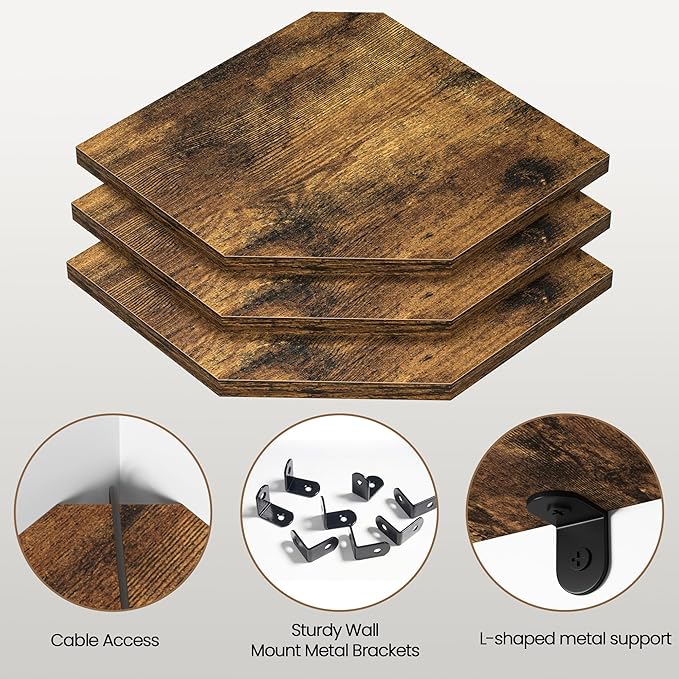 Corner Shelf Wall Mount, Floating Corner Shelves, Set of 3 Corner Wall Shelf Organizer, Rustic Wood Wall Storage Display Shelves for Living Room Bedroom Bathroom Kitchen, Rustic Brown-NeatNest