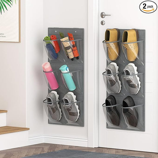 2 Pack 12 Over the Door Shoe Organizer, Closet Door Hanging Shoe Rack Crystal Pockets Narrow Shoe Holder with Adhesive Strips, Wall Mounted Shoes Rack for Camper RV No Drilling-NeatNest