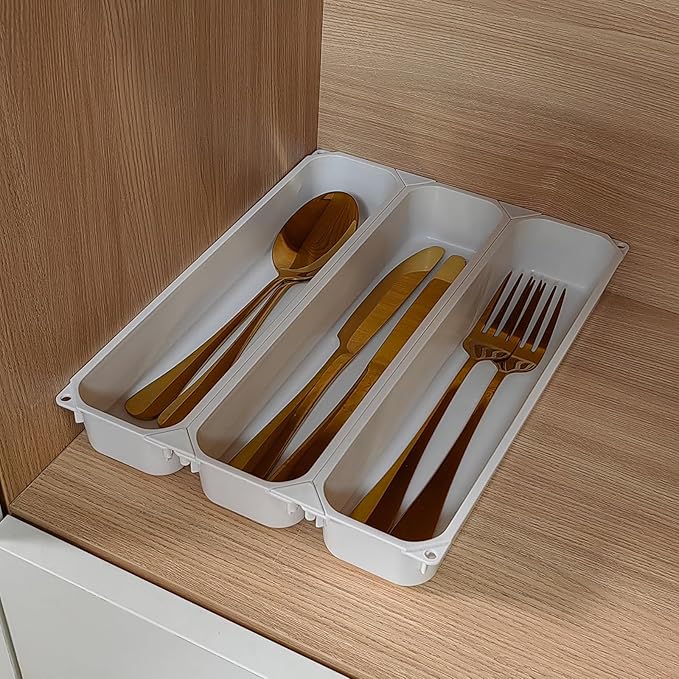 custom silverware tray small drawer organizer for utensils holder 7.5 ines cutlery tray, DIY organizer for silverware, flatware, knives in Kitchen, white (White, Small)10.25 * 7.65 in 3IN1-NeatNest