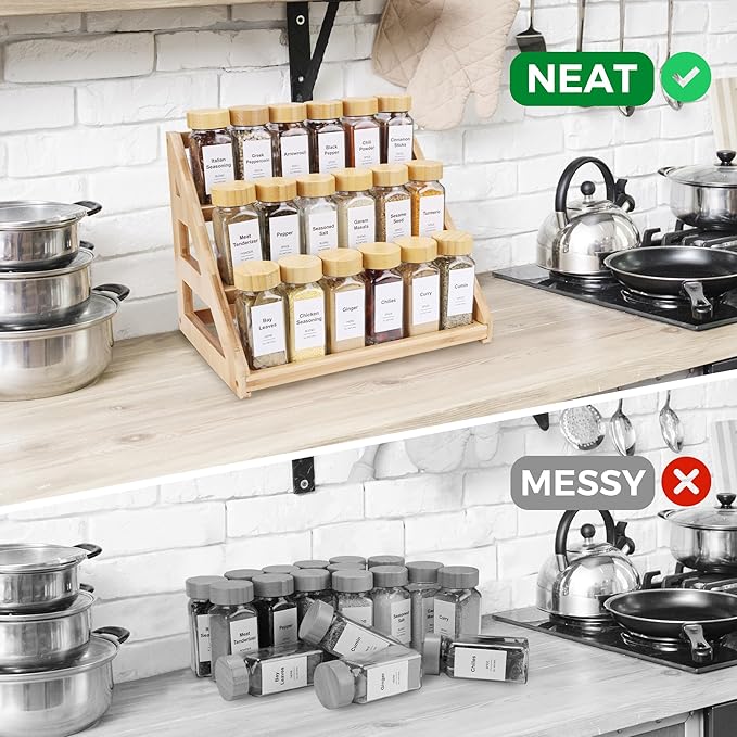 3-Tier Natural Bamboo Spice Rack Organizer - for Kitchen Cabinets, Countertops & Pantries - Space-Saving Tiered Shelf Seasoning rack-NeatNest