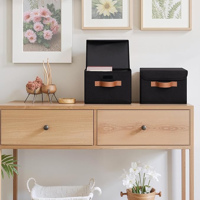GRANNY SAYS Small Storage Bins with Lids, Small Storage Boxes, Shelf Baskets for Shelf, Collapsible Storage Bins for Living Room, Bedroom, 10x8x7 Inch, Black, 2-Pack-NeatNest