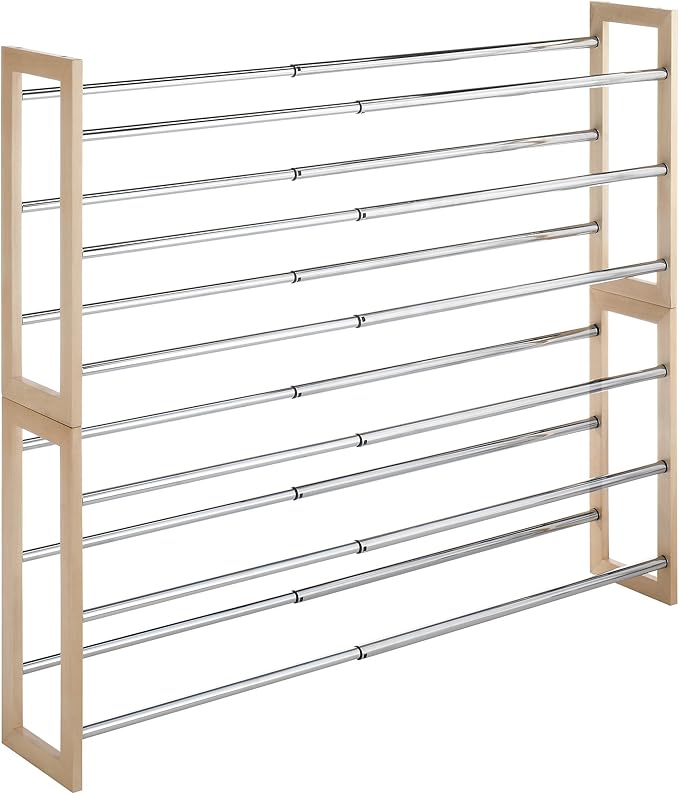 Whitmor 3 Tier Expandable Shoe Rack -Stackable - Natural Wood and Chrome-NeatNest