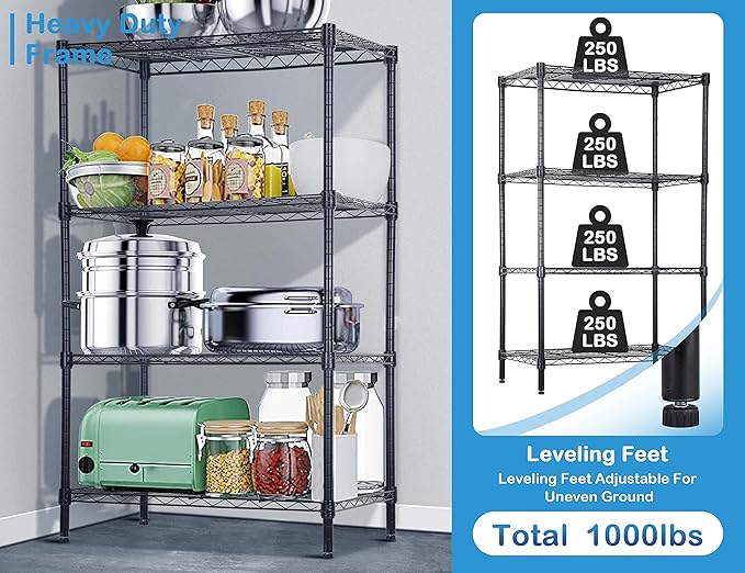 4-Tier Metal Wire Shelving Unit Kitchen Shelf Organizer Storage Rack Utility Shelf Snack Shelf, NSF Certified Storage Shelves for shelves Metal Shelving Shelves for Storage Shelf Pantry Shelves