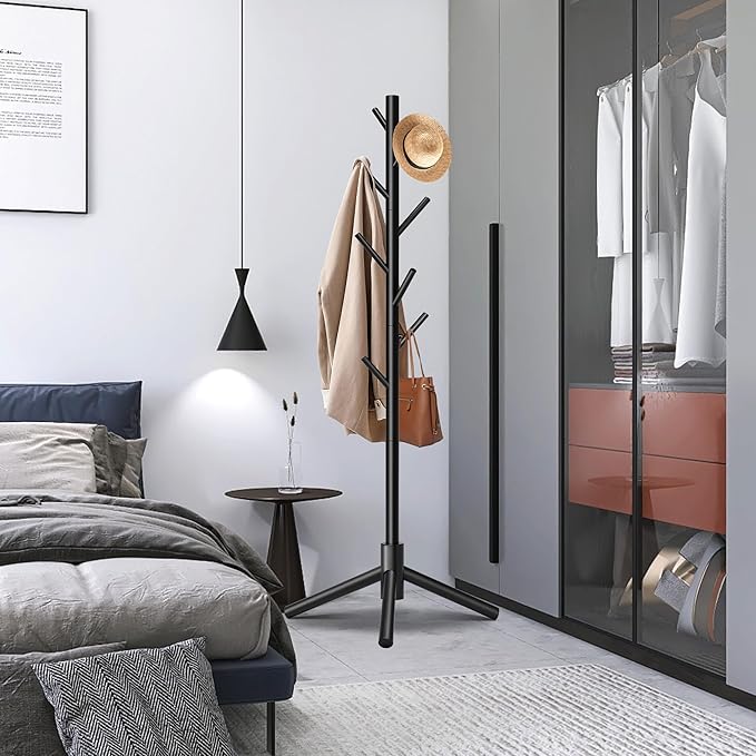 Durable Wooden Coat Rack, Freestanding Coat Rack with Stable Triangular Base, 8 Hooks & 3 Adjustable Heights, Simple Assembly for Bedroom, Hallway, Office(New Black)-NeatNest