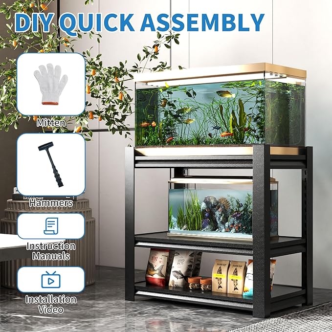 3 Tier Metal Shelving Unit, Aquarium Shelf System, Small Storage Organizer Racks for Basement Garage Laundry Utility Shelving (Black)-NeatNest
